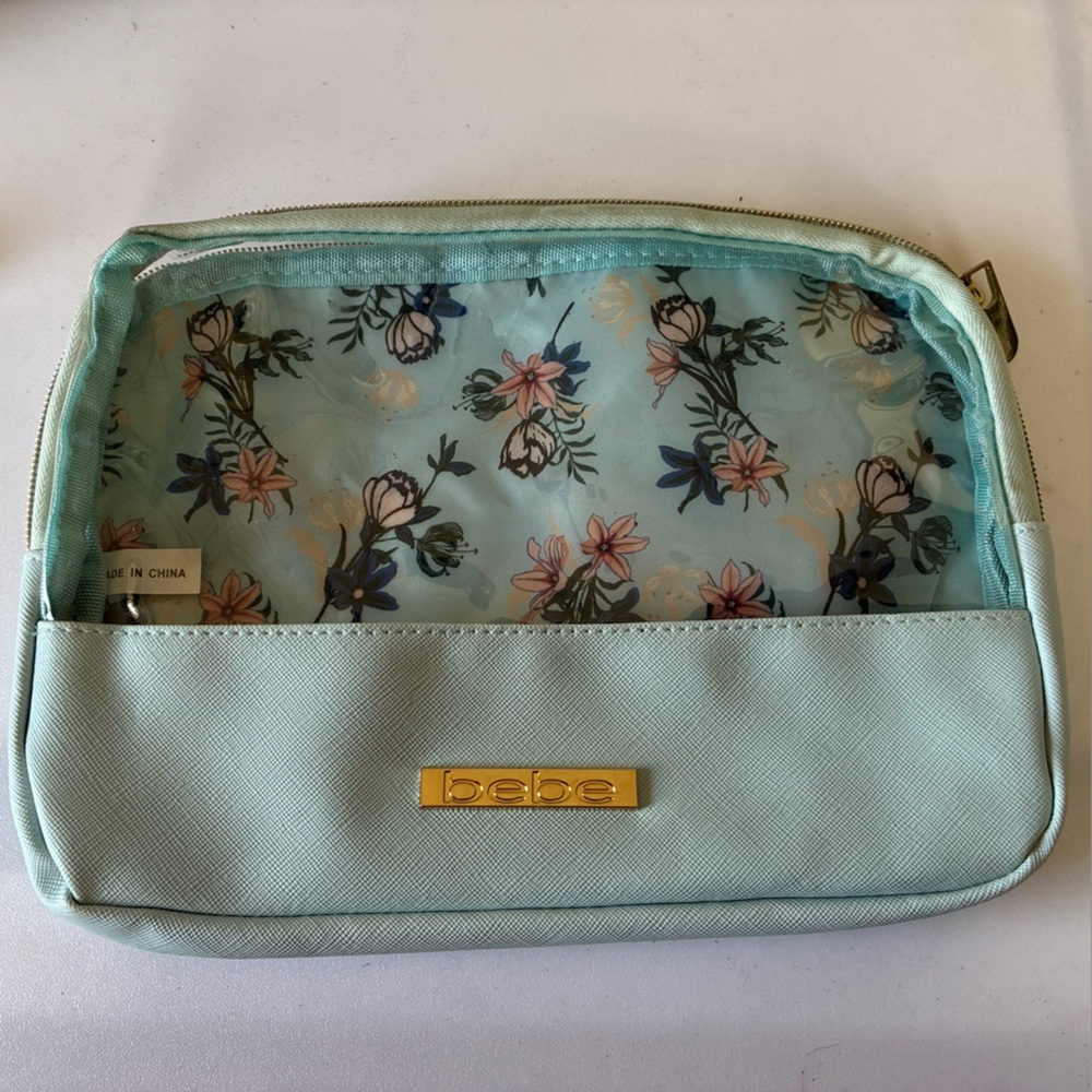 Bebe Mint Green Floral Gold accent Zipper Cosmetic Bag 9x 7”